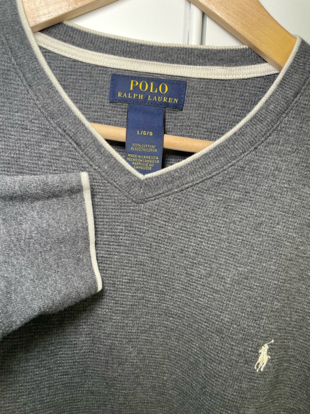 Polo Ralph Lauren Men's L Waffle-Knit Thermal V Neck Shirt Gray Preppy